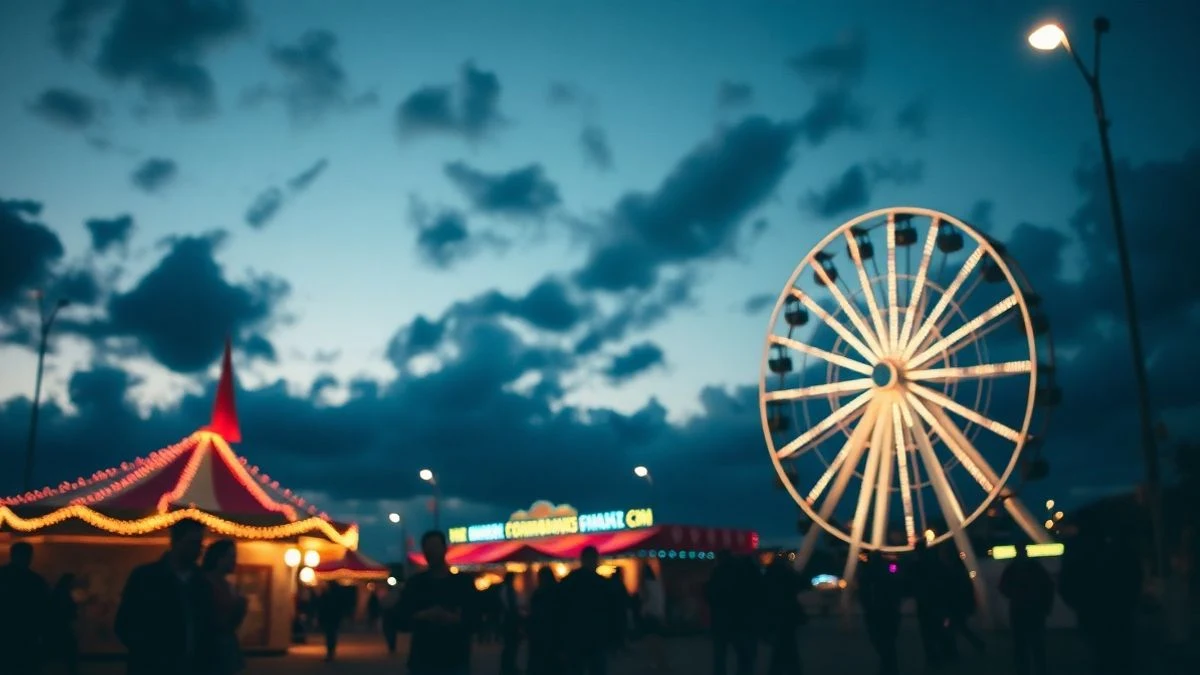 Imagen ilustrativa: recinto ferial iluminado al atardecer, con noria y casetas de fondo