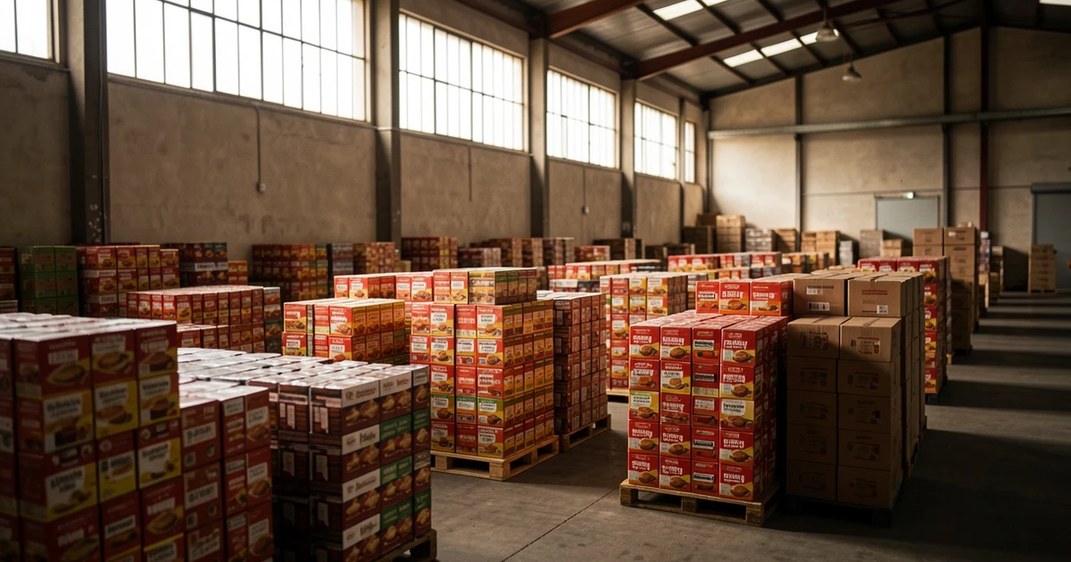 Interior de un almacén con cajas de alimentos apiladas y luz natural