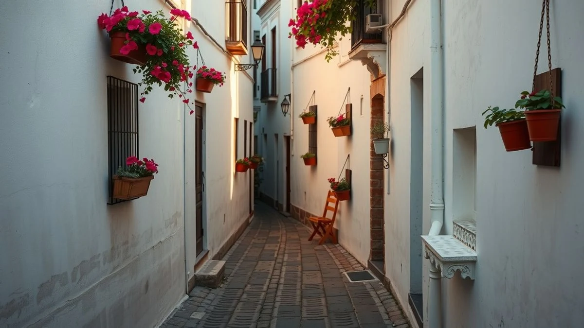 Cobblestone street with white facades, flower pots, and a wooden chair hanging on the wall of Parauta