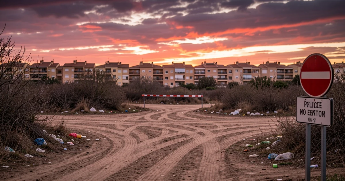 Terreno vacío con basura y barrera policial al atardecer, edificios al fondo