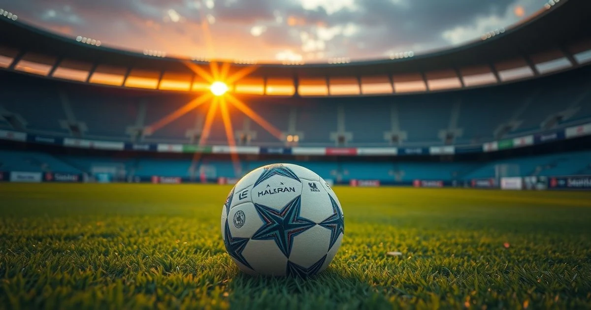 Balón de fútbol sobre el césped de un estadio vacío al atardecer