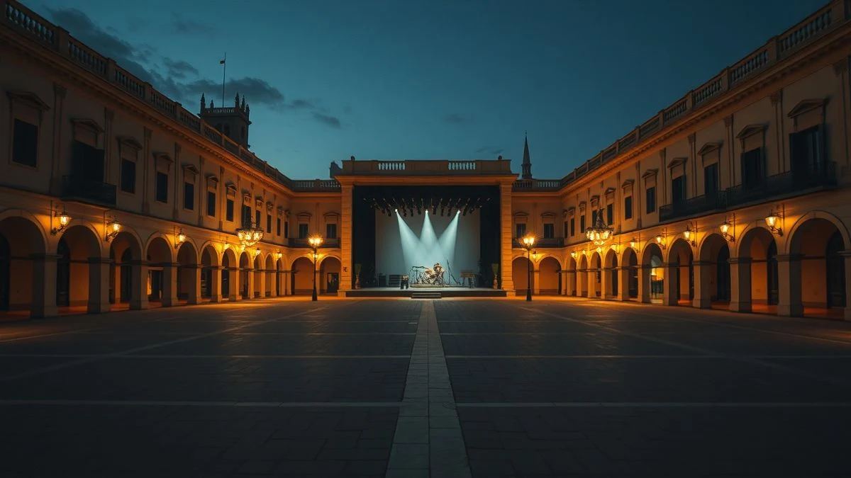 Illustrative image: aerial view of an empty square with a stage at sunset, generic representation of an outdoor concert space