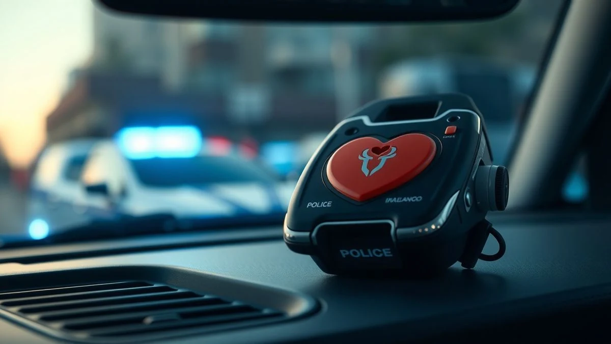 Illustrative image: a defibrillator on the dashboard of a patrol car, with blurred blue lights in the background.