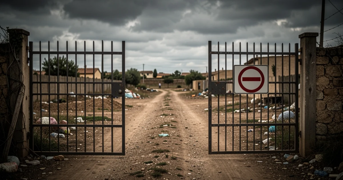 Vista de una parcela vallada con cartel de prohibido el paso y caravanas al fondo