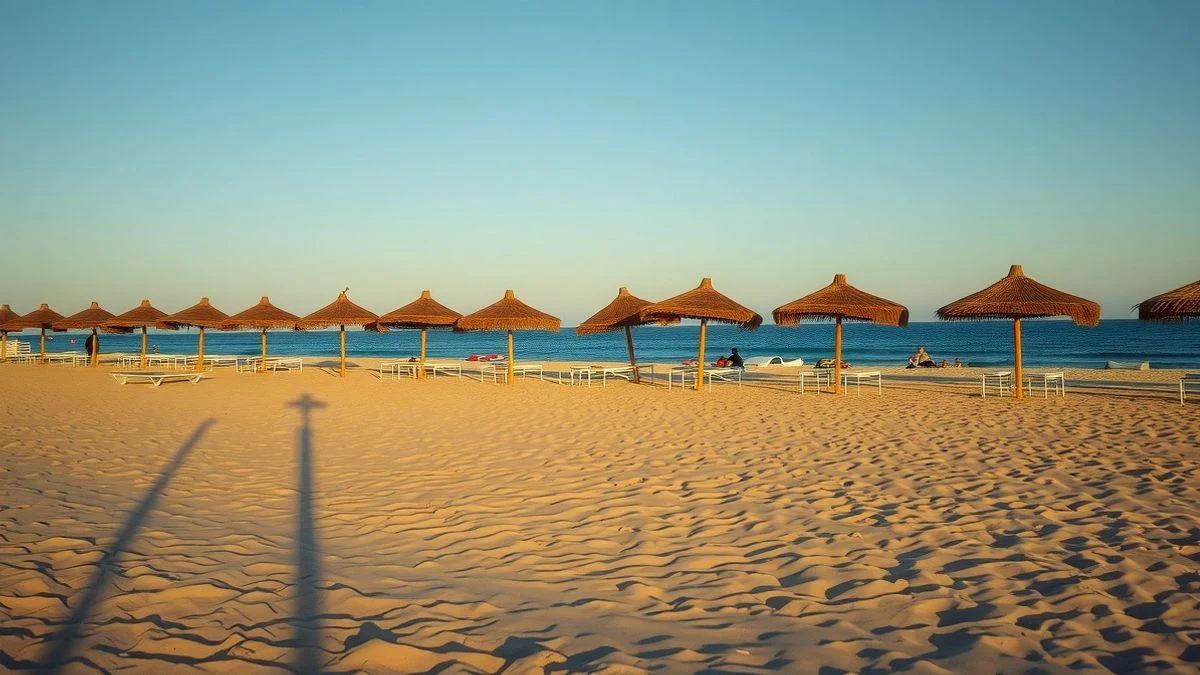 Beach with beach bars and umbrellas at sunset, without people