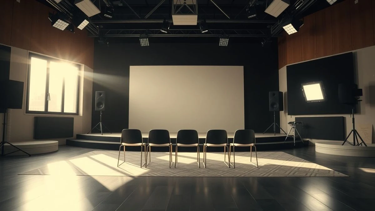 Illustrative image: an empty television set with chairs and a stage lit by natural light