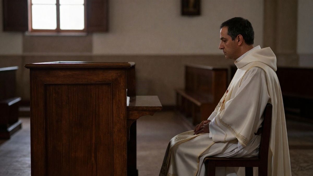 Imagen ilustrativa: silla vacía junto a un confesionario de madera en el interior de una iglesia