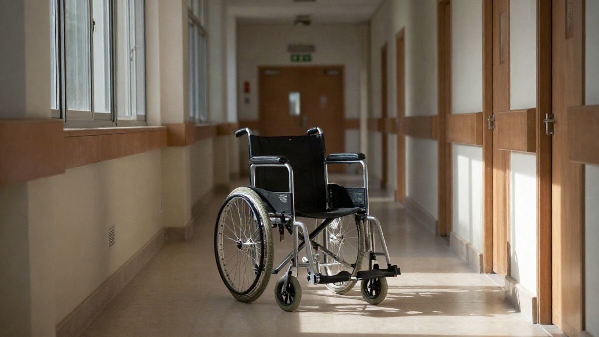 Imagen ilustrativa: pasillo de hospital con una silla de ruedas junto a una ventana con luz natural.