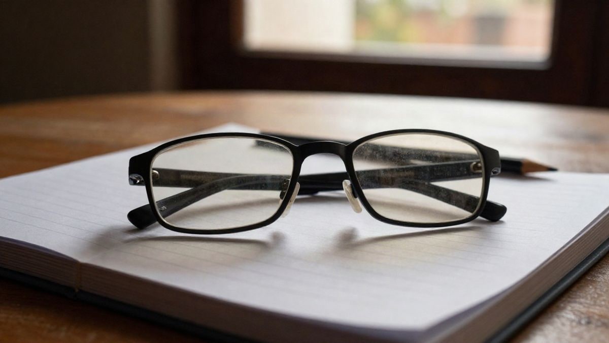 Imagen ilustrativa: primer plano de unas gafas de lectura sobre un cuaderno abierto en una mesa de madera