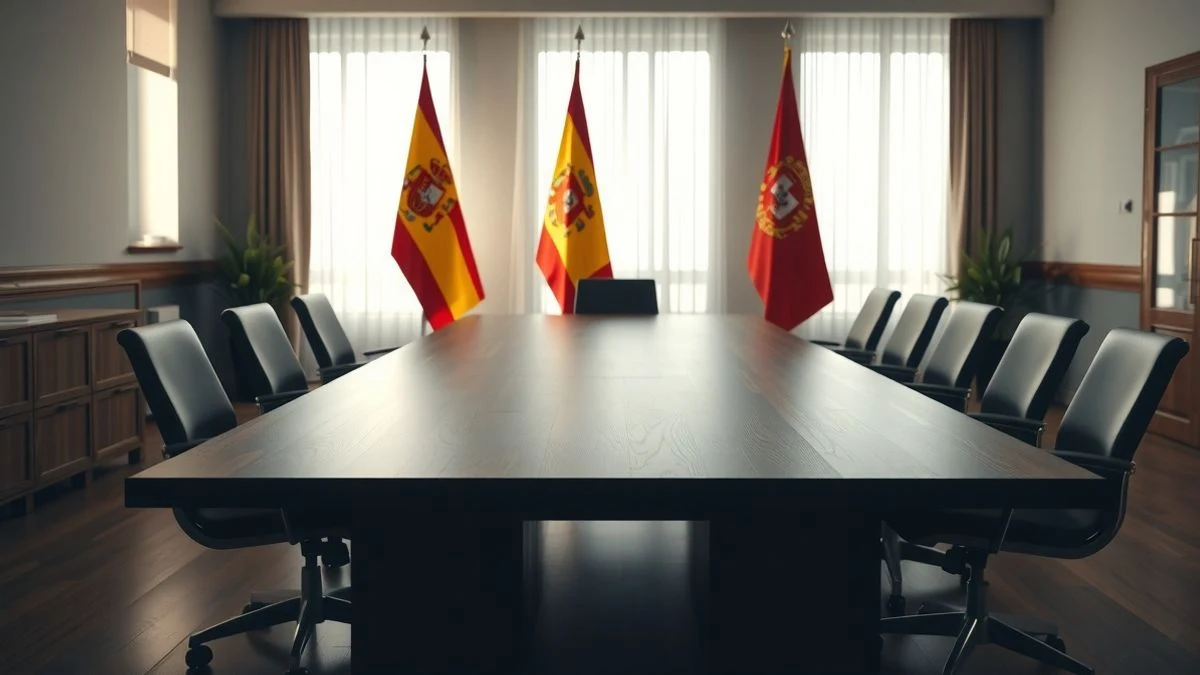 Meeting room with flags of Spain and Portugal and side window light