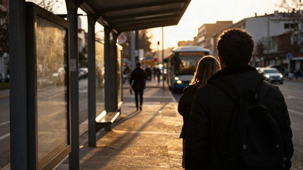 Imagen ilustrativa: parada de autobús a contraluz al atardecer con sombras largas y un vehículo acercándose al fondo