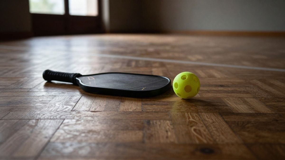 Illustrative image: a paddle and a pickleball on a parquet floor in a sports hall