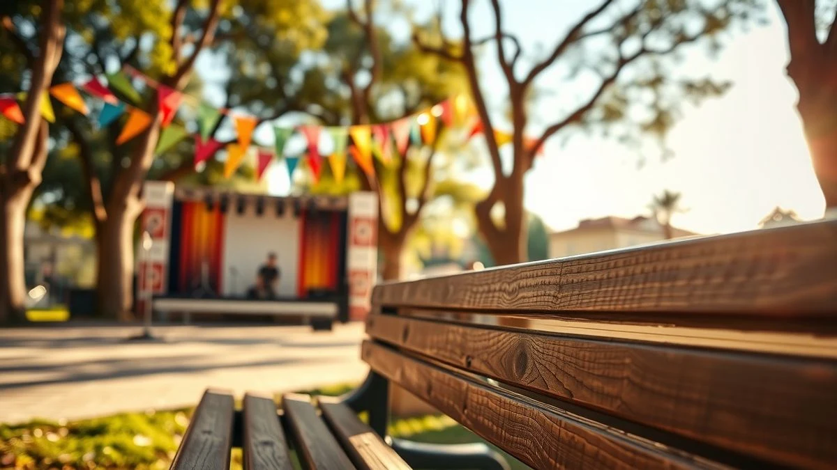 Wooden bench in a park with colourful garlands and a stage in the background, sunset light