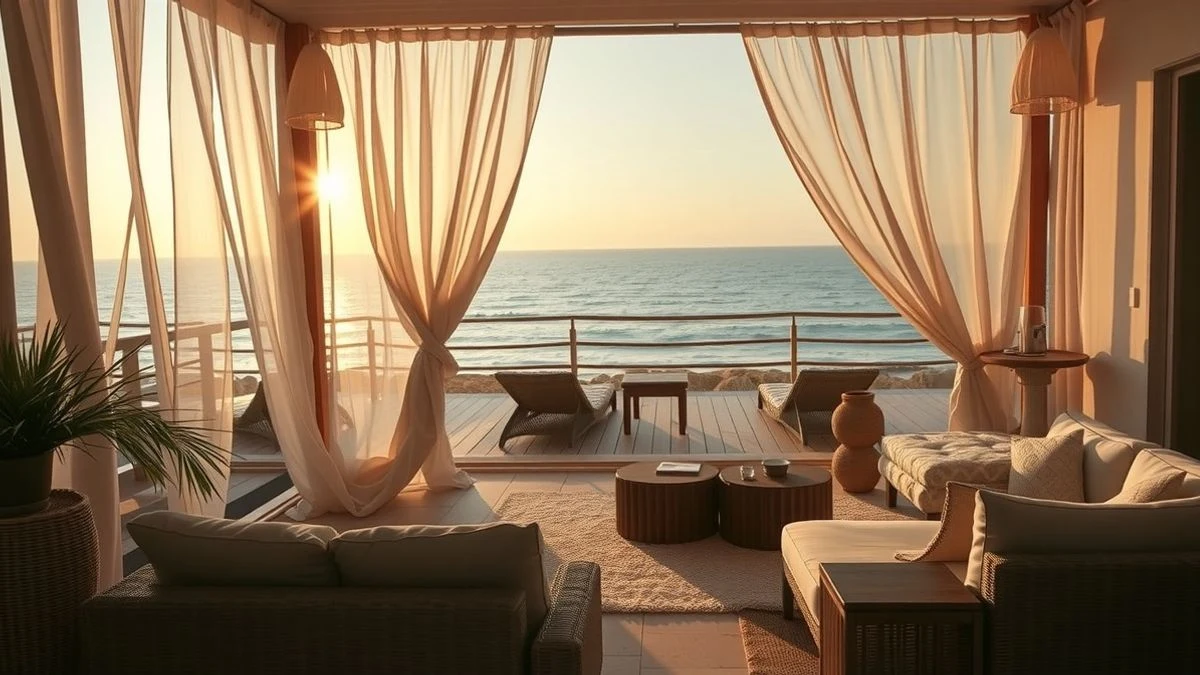Imagen ilustrativa: Terraza de un chiringuito de lujo en la playa con cortinas blancas y mobiliario minimalista al atardecer.