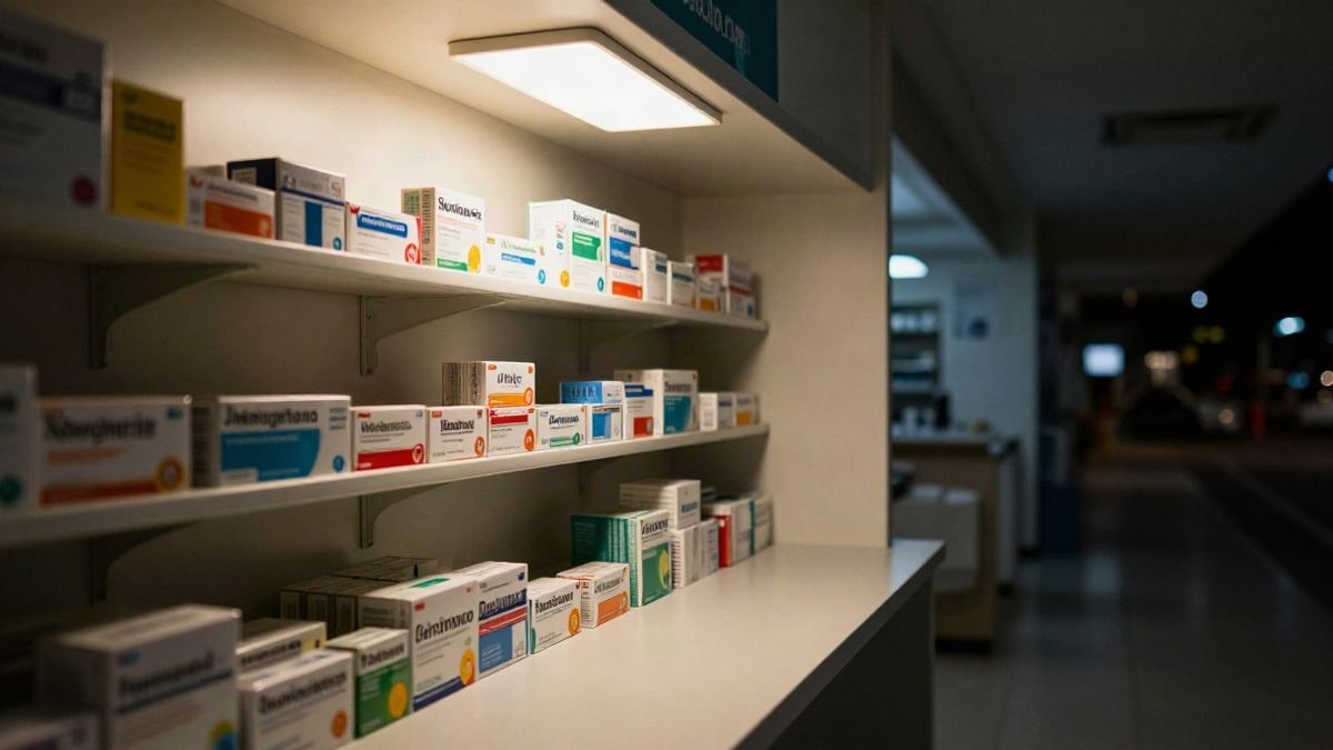 Imagen ilustrativa: mostrador de farmacia hospitalaria iluminado de noche con estanterías de medicamentos