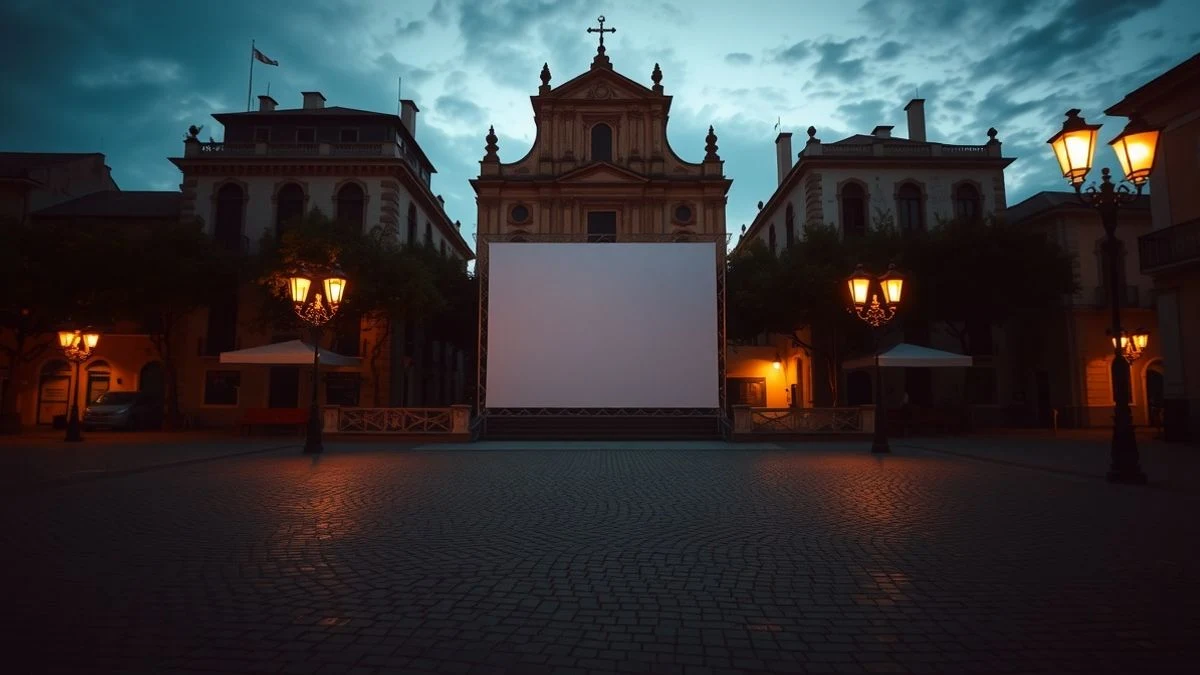 Plaza Ochavada de Archidona con pantalla gigante y sillas preparadas para la final del Mundial