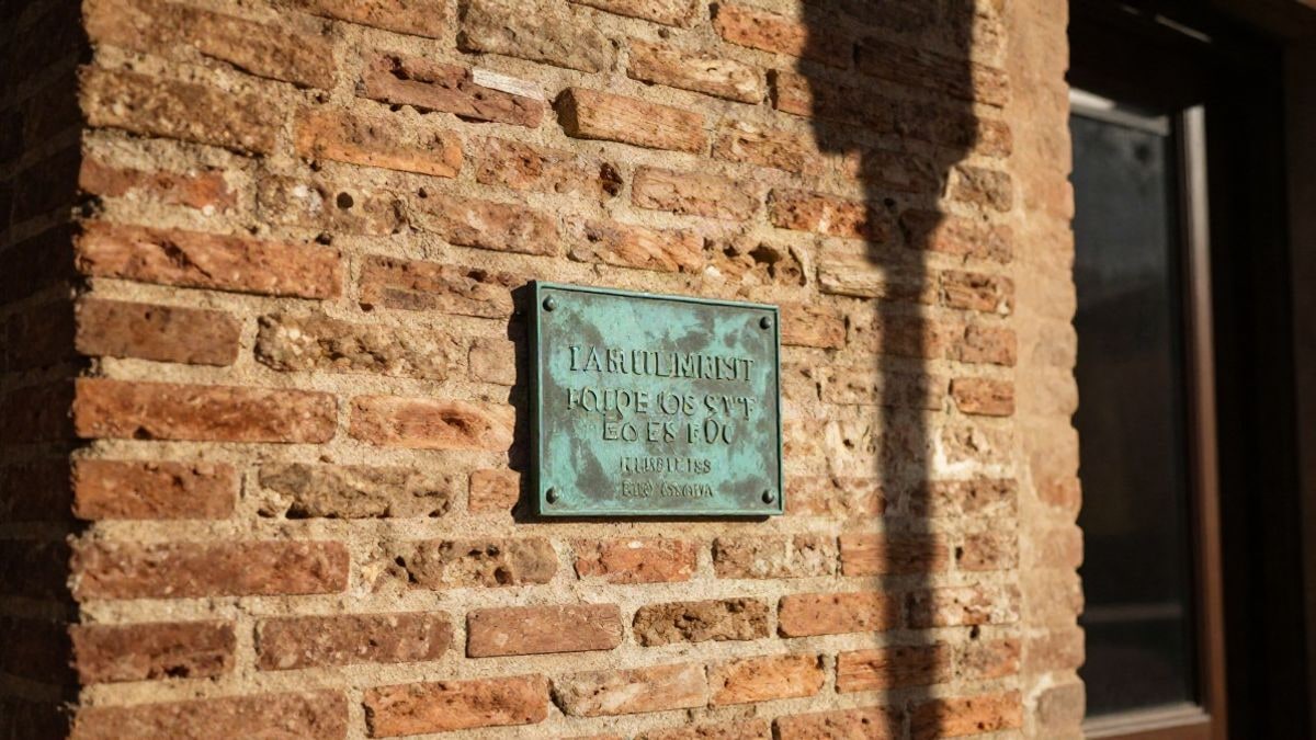 Imagen ilustrativa: detalle de una placa de bronce sobre ladrillo desgastado