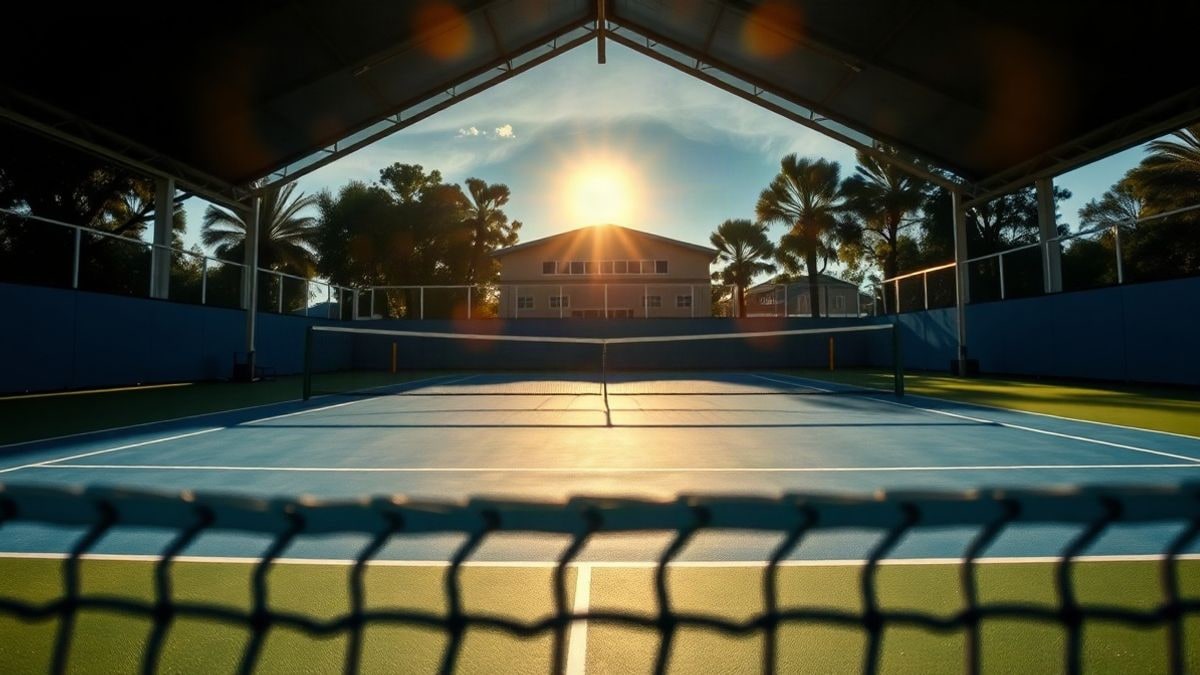 Illustrative image: an empty tennis court with a renewed surface backlit at sunset