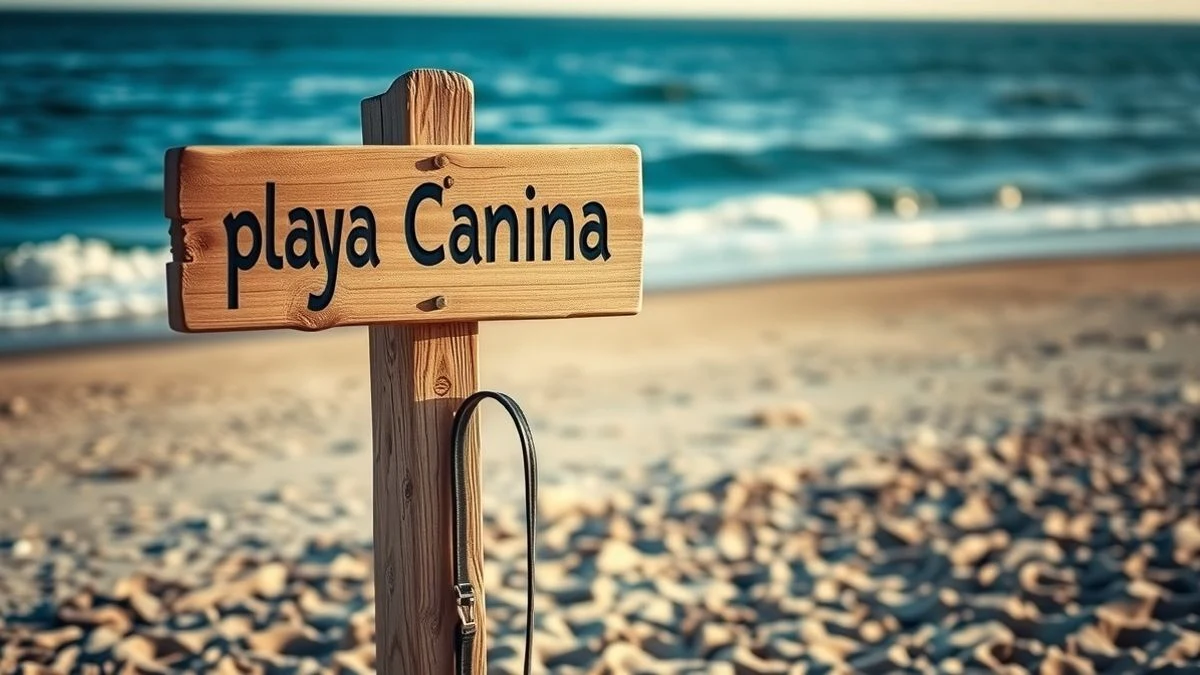 Cartel de playa canina en la arena con una correa colgando, al amanecer
