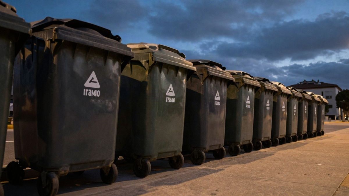 Imagen ilustrativa: contenedores de residuos en una calle urbana bajo un cielo al atardecer