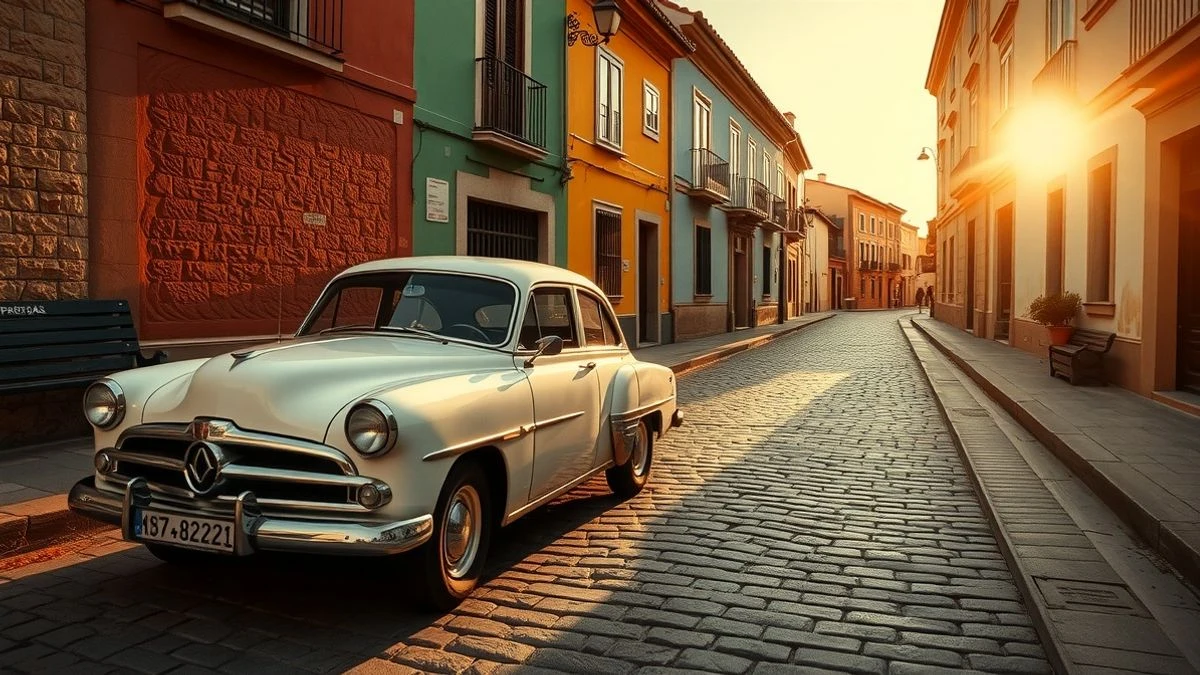Imagen ilustrativa: un coche clásico aparcado en una calle empedrada de un pueblo andaluz al atardecer, con casas blancas al fondo
