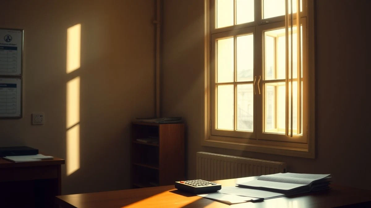 Illustrative image: interior of a municipal office with natural light from a window, financial documents on a table
