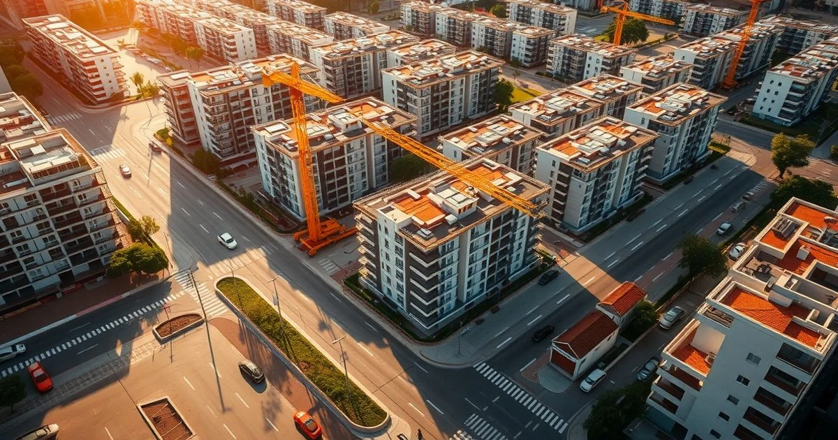 Vista aérea de una obra de viviendas protegidas en Málaga con grúas y bloques en construcción