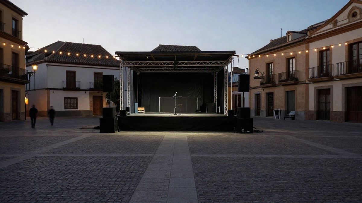 Imagen ilustrativa: escenario pequeño con micrófono y luces en una plaza de una ciudad española al atardecer