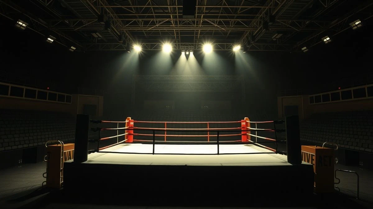 Illustrative image: an empty boxing ring viewed from above, with lights illuminating the canvas in a sports hall.