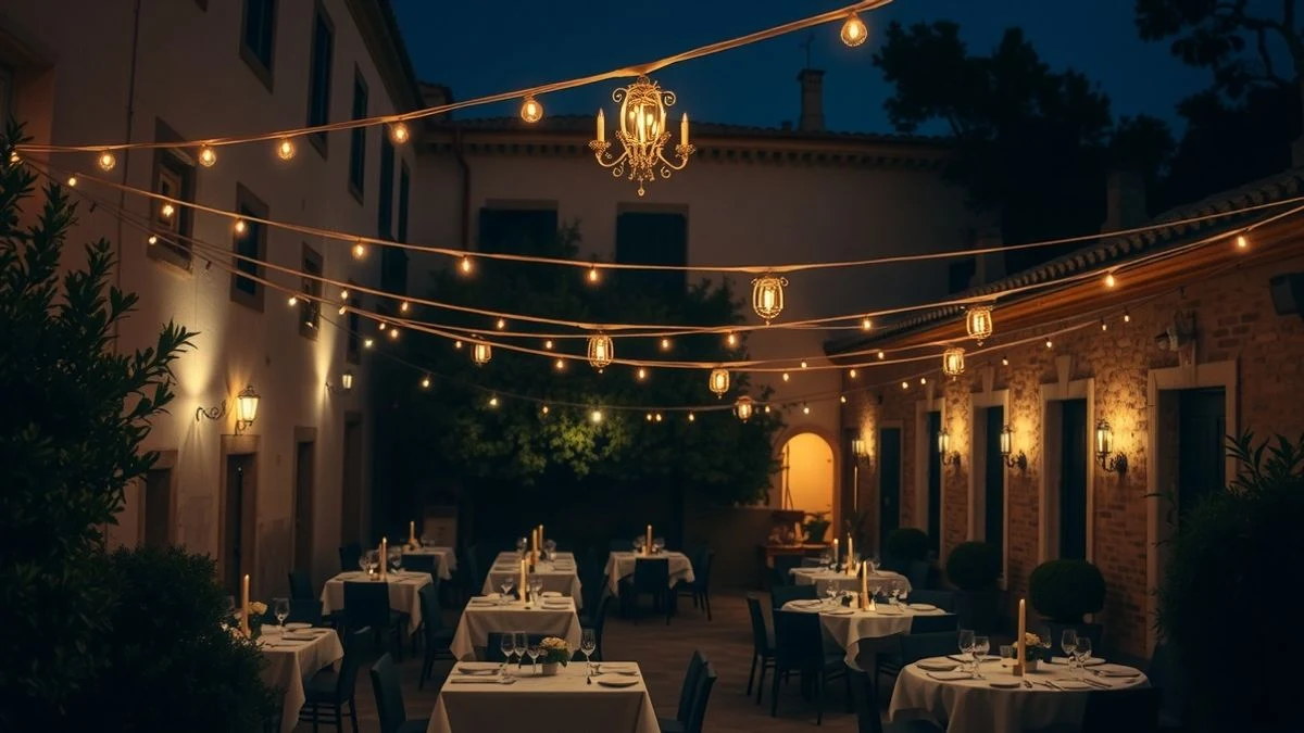 Illustrative image: illuminated courtyard with tables set for a charity dinner and a stage in the background.