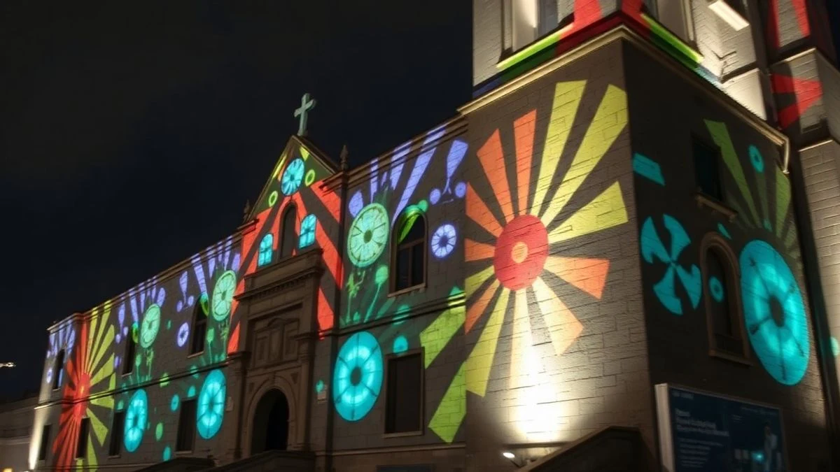 Fachada iluminada de la Real Colegiata de Santa María la Mayor en Antequera durante el Light Fest, con proyecciones de colores y siluetas de personas al fondo