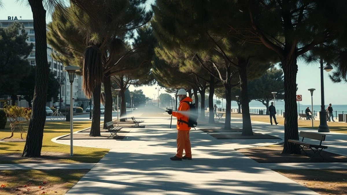 Illustrative image: a public park with a municipal worker carrying out fumigation with a backpack at sunset, no visible faces.