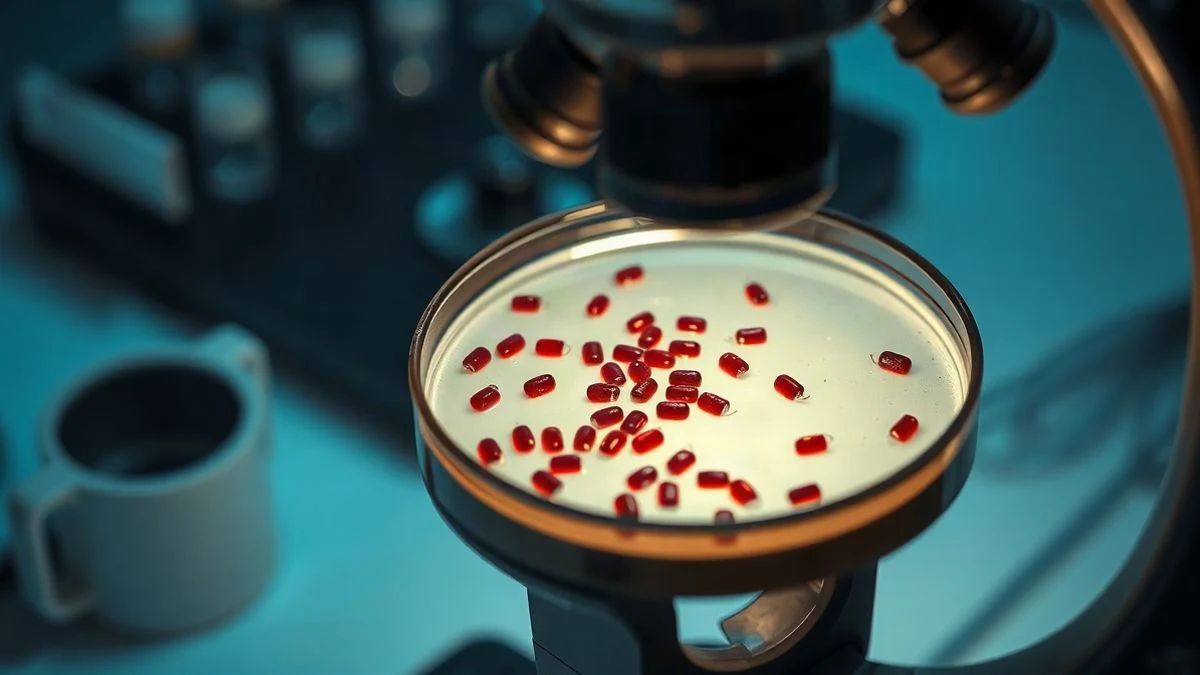 Imagen ilustrativa: primer plano de una placa de laboratorio con cultivos celulares bajo un microscopio.