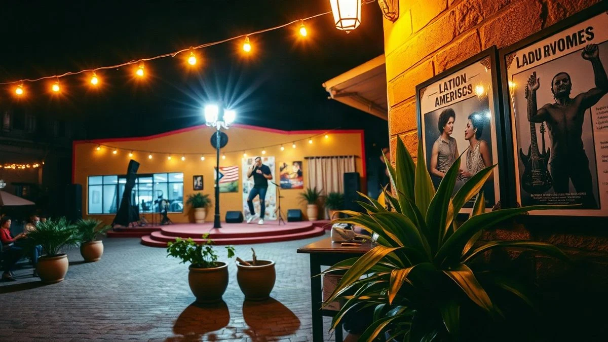 Imagen ilustrativa: plaza al aire libre de noche con luces y un escenario, ambiente festivo latino