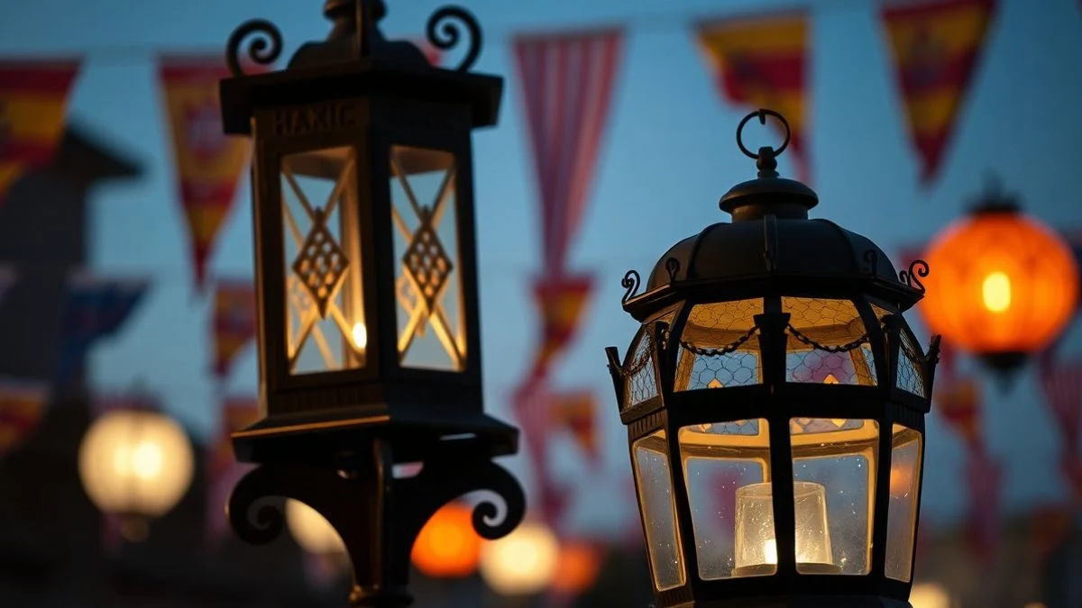 Imagen ilustrativa: primer plano de un farolillo de feria andaluz con luz cálida y fondo desenfocado de luces de feria.