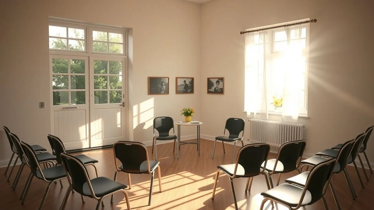 Illustrative image: community room with chairs in a circle and brochures on a table, without people.