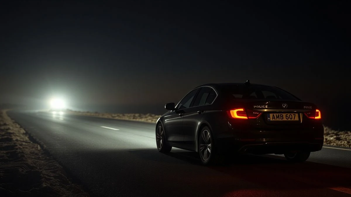 Illustrative image: a dark car parked on a coastal road at night, with police lights in the background.