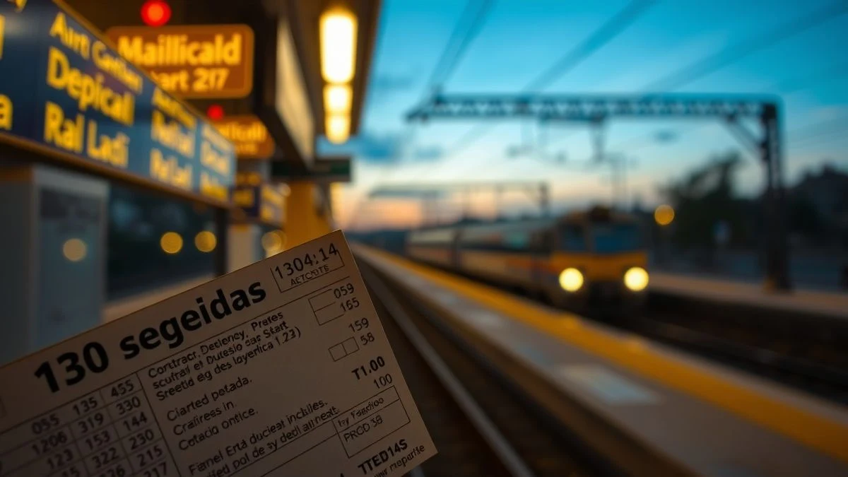 Imagen ilustrativa: primer plano de un billete de tren sobre un horario impreso, con el fondo desenfocado de un andén al atardecer.
