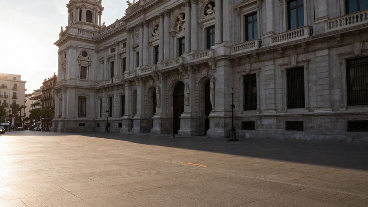 Imagen ilustrativa: fachada genérica de un edificio institucional con líneas que convergen y plaza vacía al atardecer