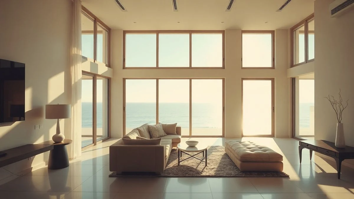 Imagen ilustrativa: interior luminoso de una villa de lujo con grandes ventanales y vistas al mar, decoración minimalista, luz natural de tarde