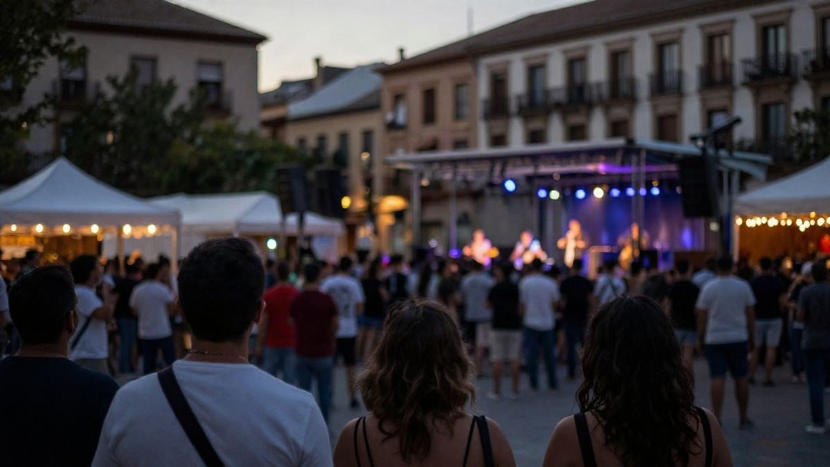 Illustrative image: festive atmosphere at sunset with lights and a crowd from behind in a Spanish square.
