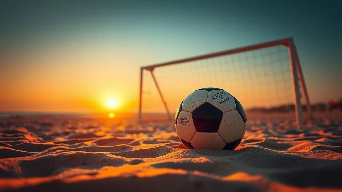 Imagen ilustrativa: un balón de fútbol playa sobre la arena al atardecer, con una portería de fondo