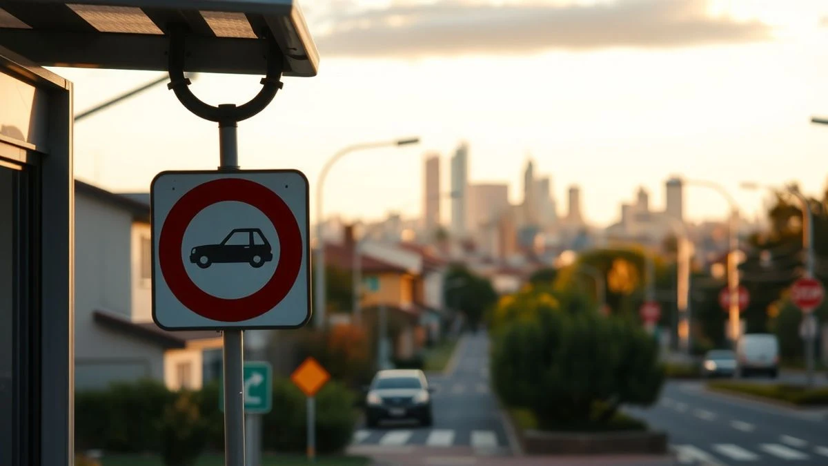 Illustrative image: an empty bus shelter in a residential area, with buildings in the background and sunset light.