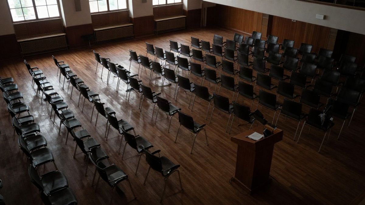 Illustrative image: overhead view of an empty conference hall with rows of chairs and a lectern