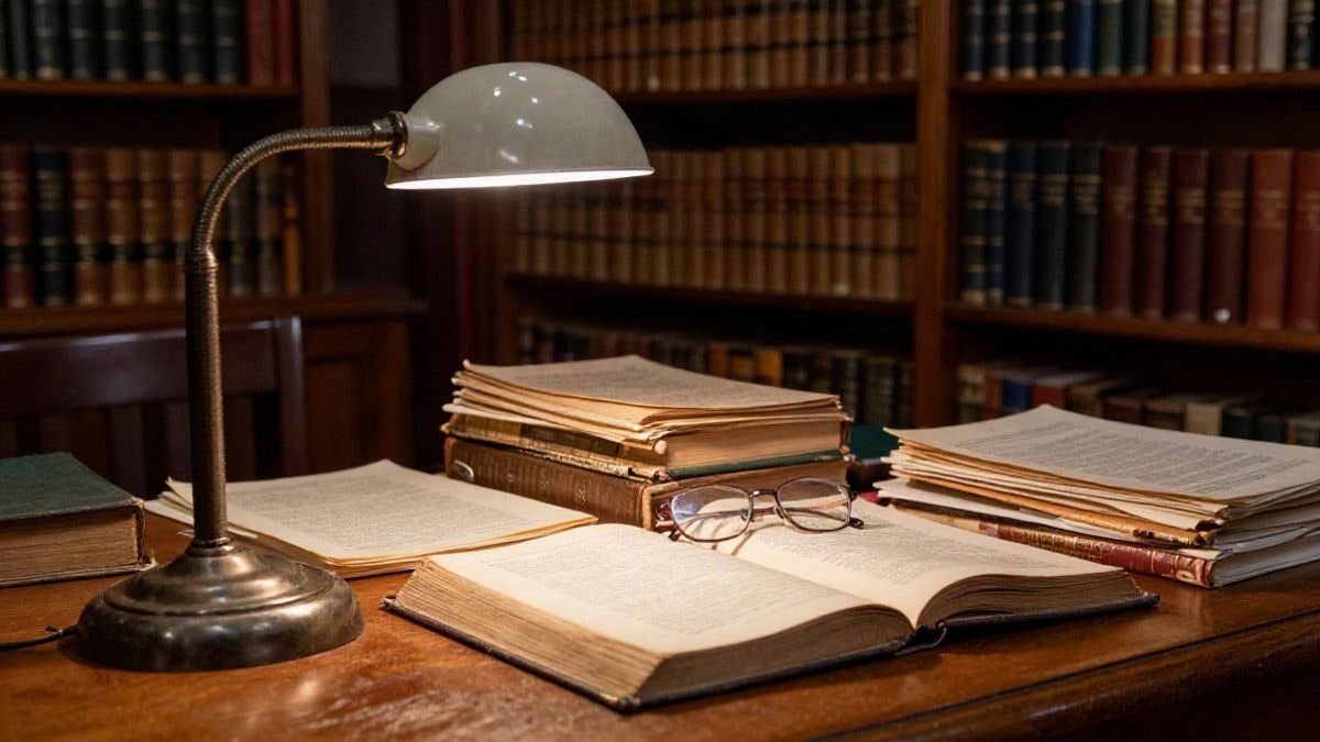 Imagen ilustrativa: mesa de archivo con libros antiguos y gafas bajo la luz de una lámpara