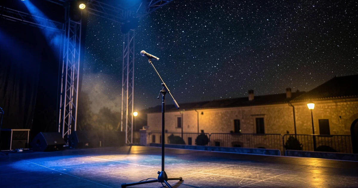 Escenario vacío de un concierto nocturno con iluminación azul y dorada, micrófono en primer plano, cielo estrellado de fondo