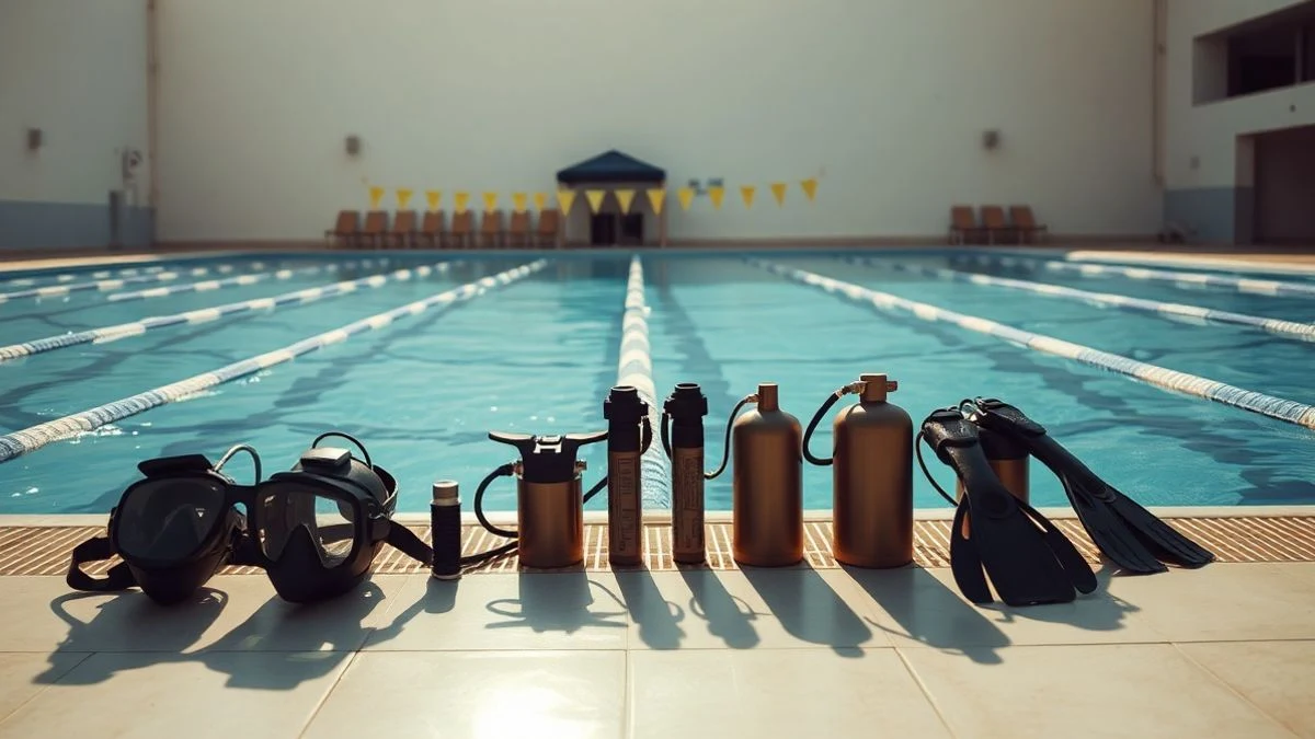 Imagen ilustrativa: piscina con agua azul y equipo de buceo en el borde, luz solar reflejada.