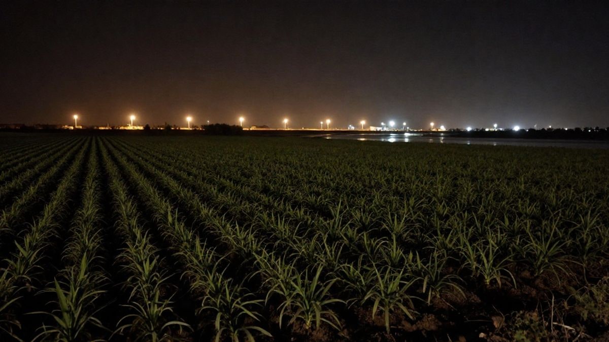 Illustrative image: crops next to a river mouth under artificial night light