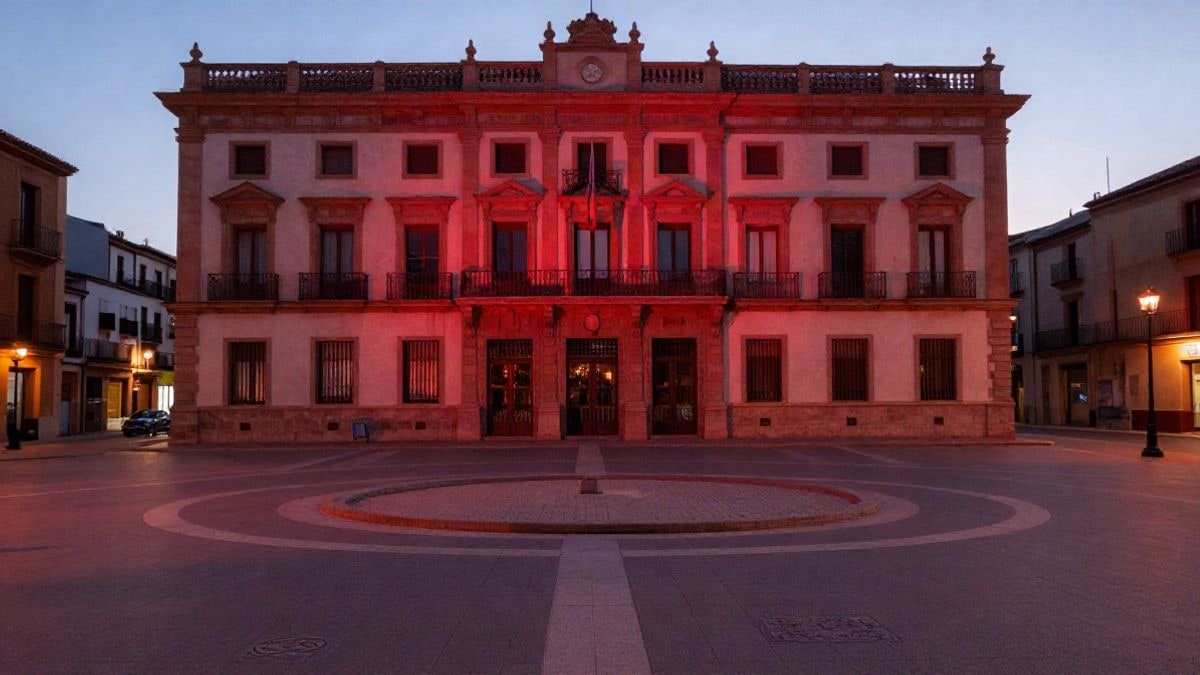 Imagen ilustrativa: fachada de un edificio consistorial iluminada en rojo al atardecer, con sombras largas en una plaza
