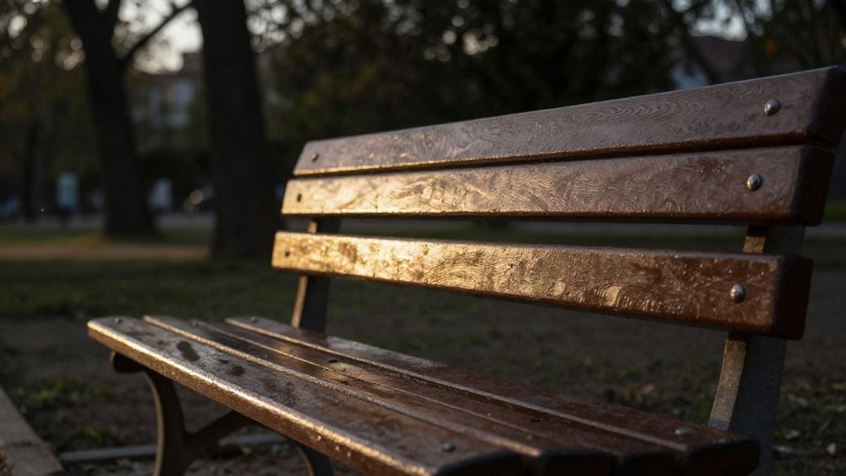 Imagen ilustrativa: un banco de madera vacío en un parque al atardecer, con fondo de árboles desenfocado